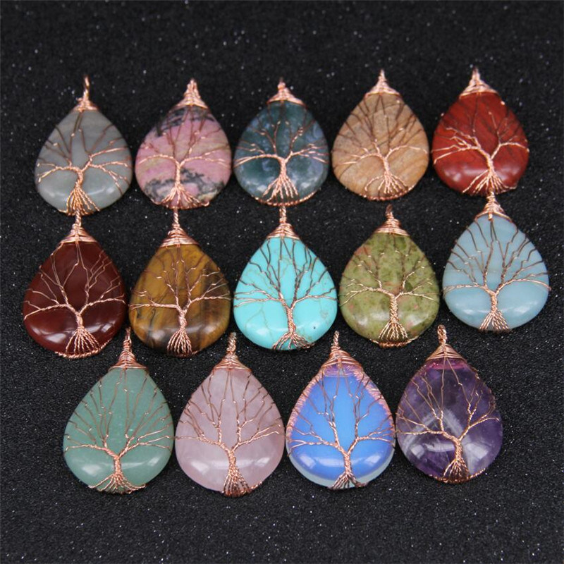 Tree of Life Theme Copper Brass Wire Wrapped Big Teardrop Natural Gemstone Charms Necklace Jewelry Pendant