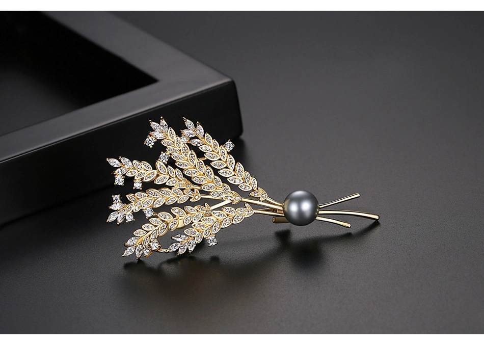 18K Gold Plated Wheat Ears CZ Freshwater Pearl Brass Brooch