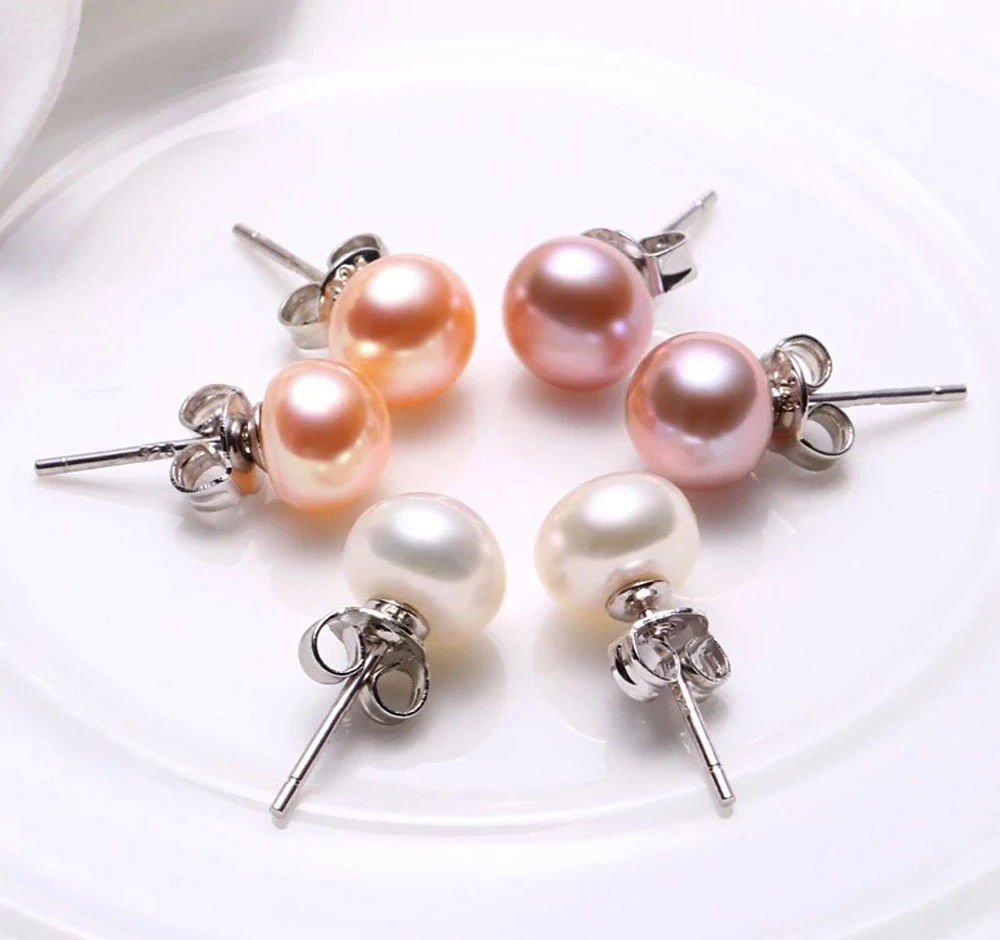 Freeshipping Jewelry White Simulated Freshwater Pearl Bridal Stud 925 Silver Earring 6-8mm Bling Imitation Pearl Earrings 2020