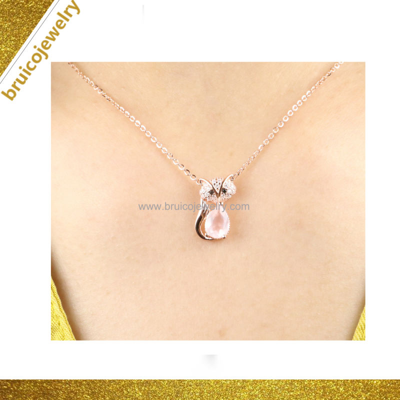 Fashion 925 Sterling Silver Pendant Necklace Choker Necklace Set with Rose Quartz Pink Gold Plated Jewelry Necklace