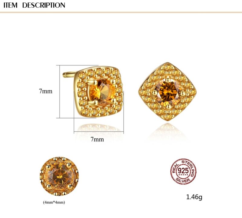 18K Gold Plated Square CZ S925 Silver Earrings