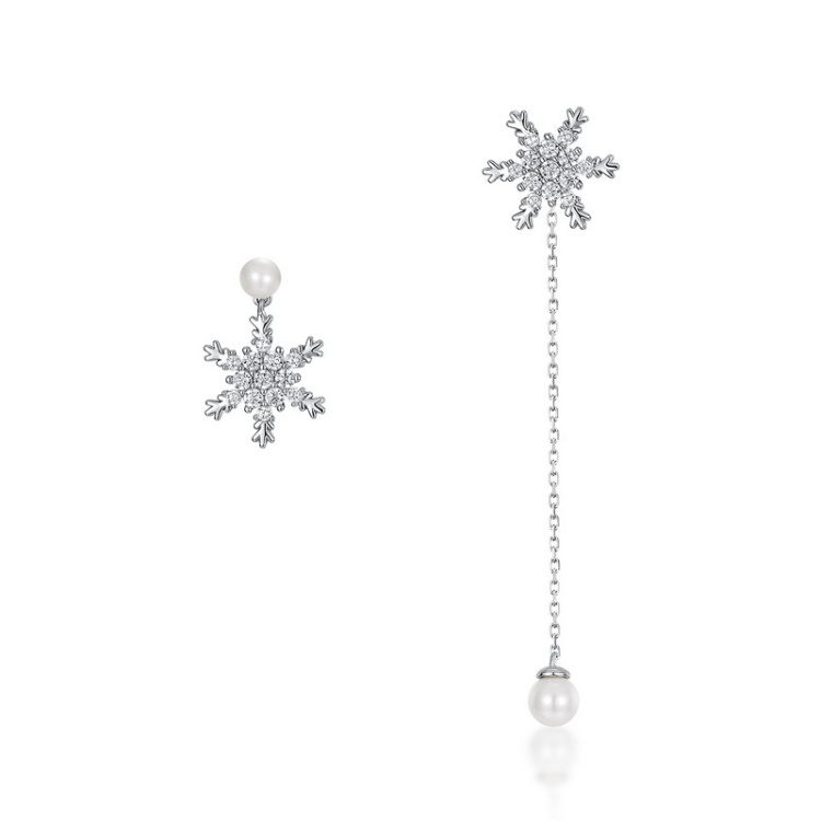 Mismatched Design White Gold Color Pearl Earrings Asymmetry Sterling Silver Snowflake Earrings for Girls