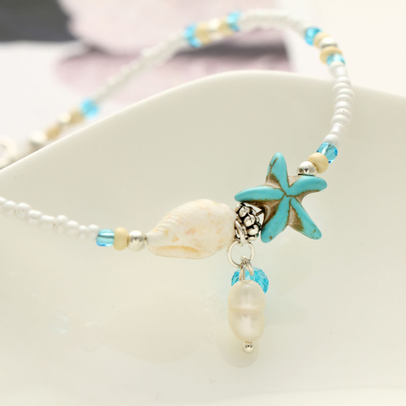 Fashion Beads Pearl Sea Star Shell Pendant Beach Anklet for Yoga