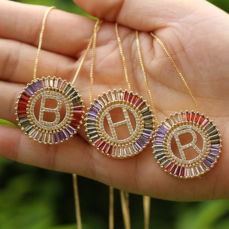 Hot Sale Letter English Style 28mm Rainbow Zircon Initial Letter Pendant Necklace