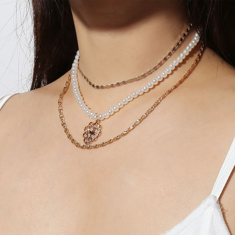 Latest Design Retro Women Exaggerated Pearl Cross Multilayer Necklace