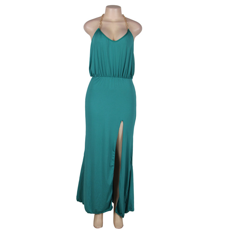 in Stock Gold Chain Halter Green Maxi Dress with T Back