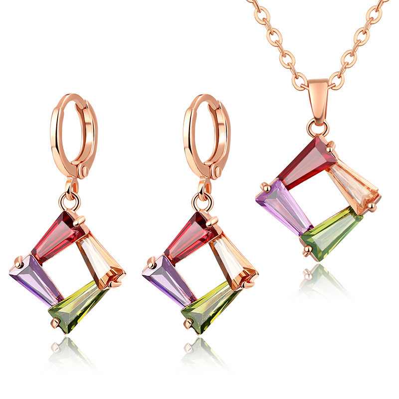 Fashion Simple Zircon Necklace Earrings Crystal Two Piece Jewelry Set