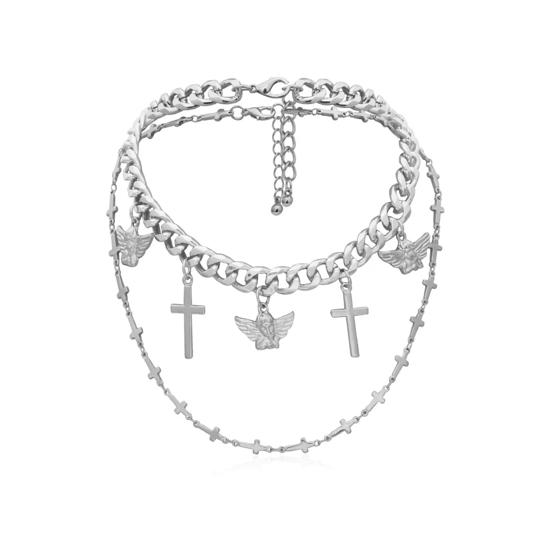 Personalized Hip Hop Cross Chain Necklace Street Fashion Angel Pendant Multilayer Necklace