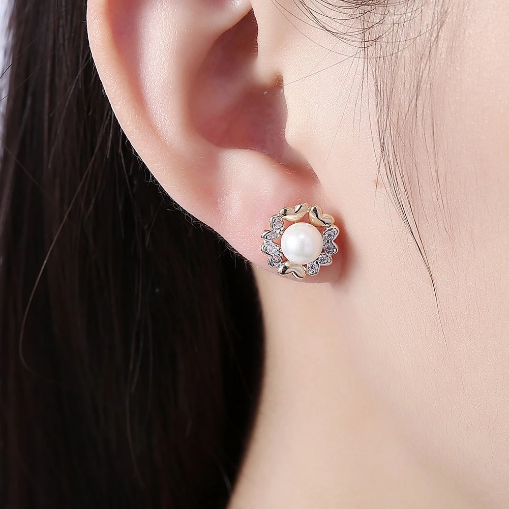 Zircon Women Earrings Imitation Pearl Zircon Earrings Champagne Gold Plated Flower Shape Earrings