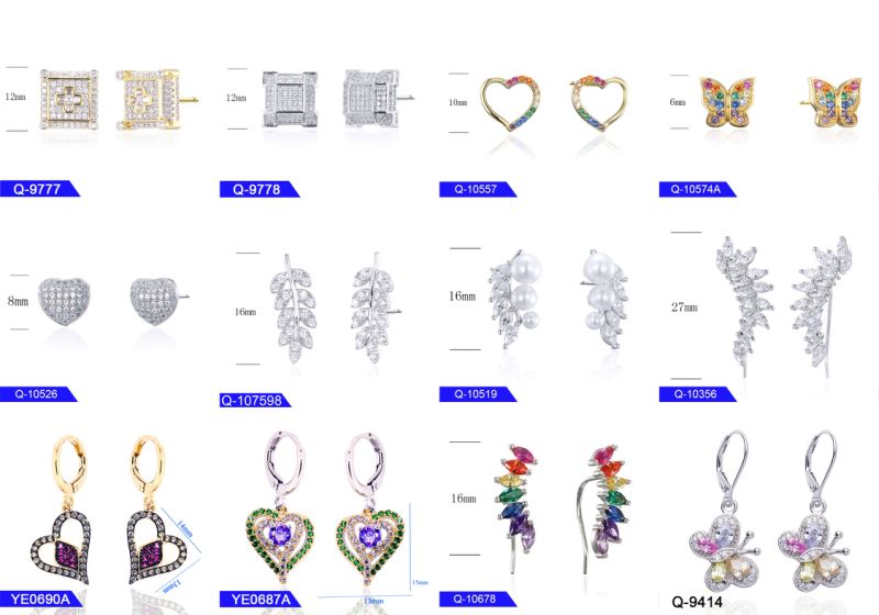 Wedding Jewellery Silver or Brass Fashion Colored CZ Stud Earrings for Women