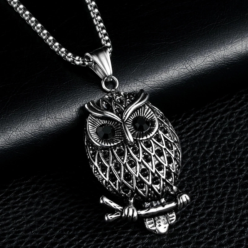 Fashion Stainless Steel Jewelry for Men Necklace Owl Shaped Diamond Boy Pendant Necklace