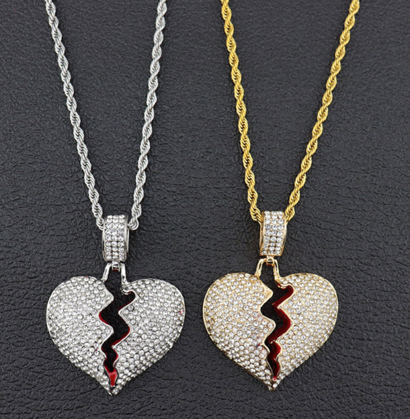Wholesale HIPS Hops 18K Gold Plating Broken Heart Necklace Cuban Chain Full Bling Crystal Broken Heart Pendant Necklace