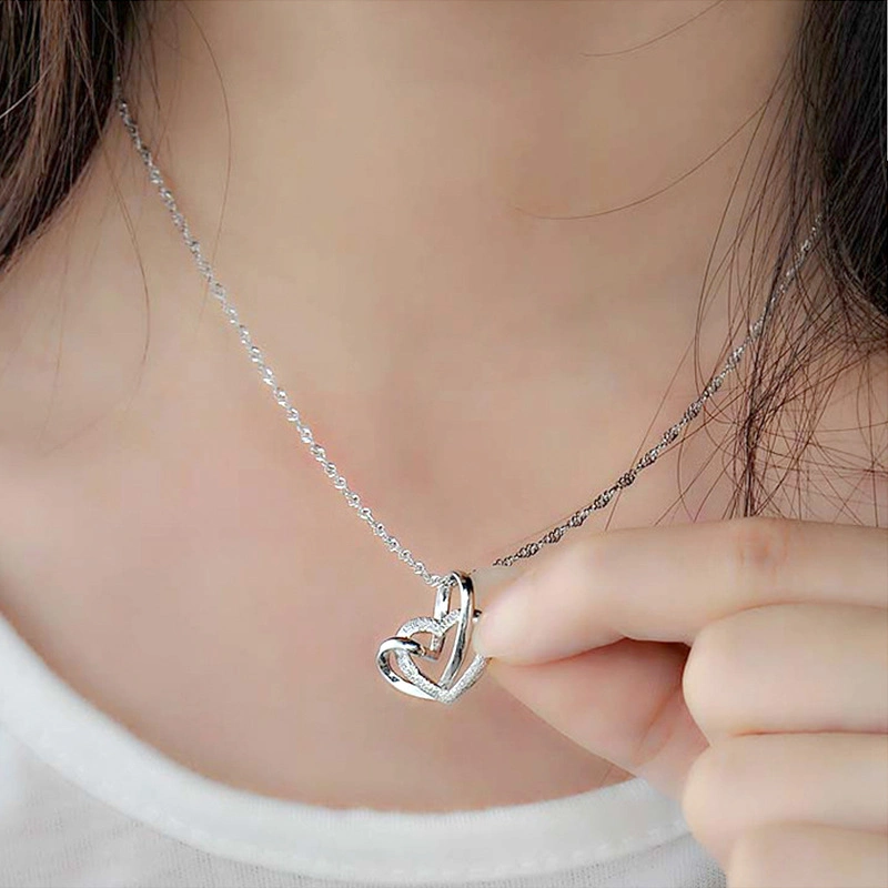 Wholesale Silver Double Heart Pendant Necklace Touching Love Grind Arenaceous Silver Necklace