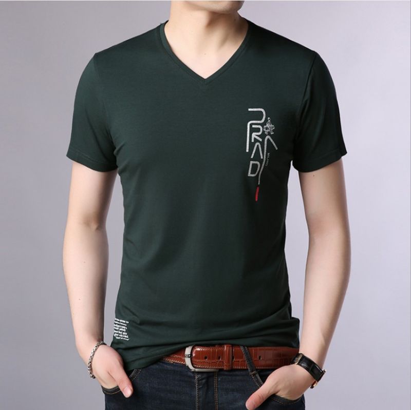 Pure Color Men's Mercerized Cotton Men's T-Shirt Korean Version Slim Casual V-Collar Cotton Short-Sleeved Men's T-Shirt Men