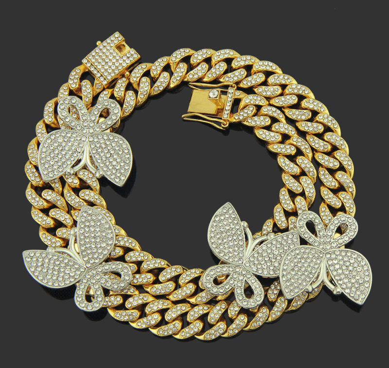 Iced out Hip Hop Bling Women Jewelry White Pink CZ 12mm Cuban Chain Butterfly Necklace