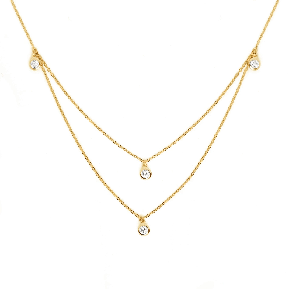 18K Gold Plated 925 Sterling Silver Double Chain Pendant 4 Spark Stone Gold Necklace