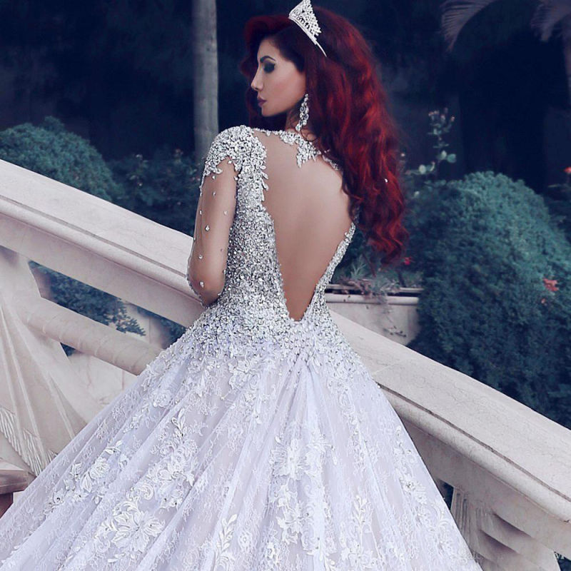 Long Sleeves Bridal Ball Gowns Crystals Muslim Beaded Wedding Dress M2889