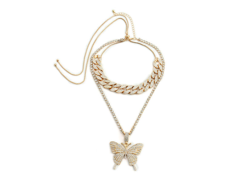 2020 New Product Charms Luxury Jewelry Set Gold Silver Cuban Chain Rhinestone Tennis Chain Bling Butterfly Pendant Necklace