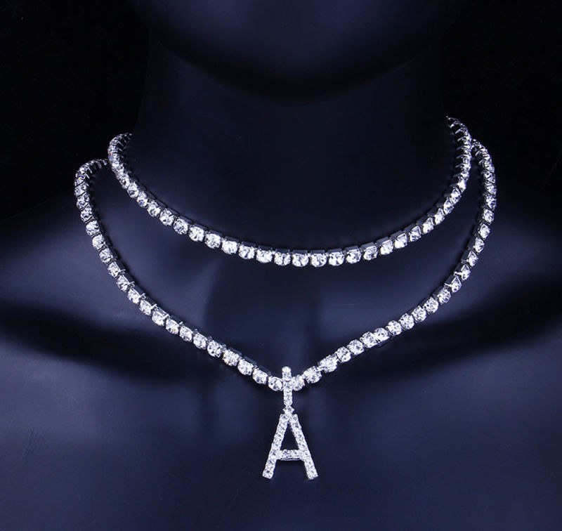 Wholesale Alphabet Cubic Zirconia Diamond Tennis Letter Initial Necklace for Women 2020