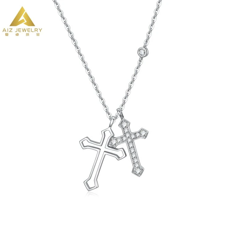 Custom Jewellery Cross Shaped White Gold Color Sterling Silver Jewelry Pendant Necklace with Cubic Zircon