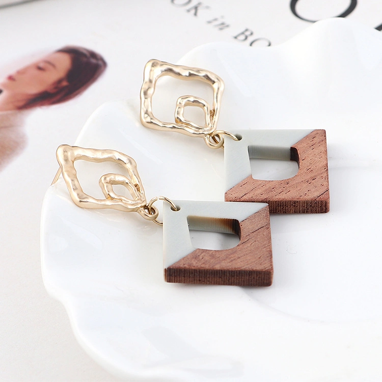 Hollow Rectangular Matte Gold Pendant Square Wood Earrings Jewelry Sweet Candy Earring for Girls