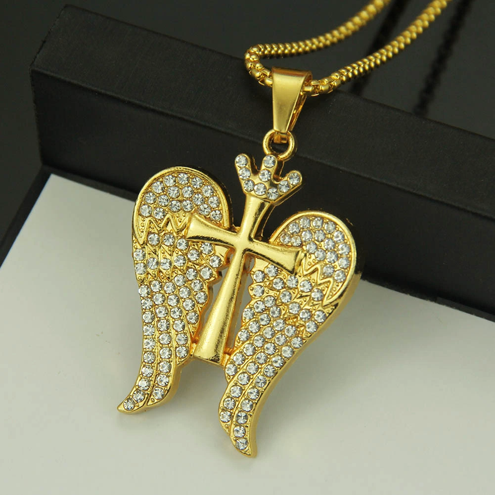 Fashion Mens Gold Angel Wings with Cross Shape Pendant Necklace