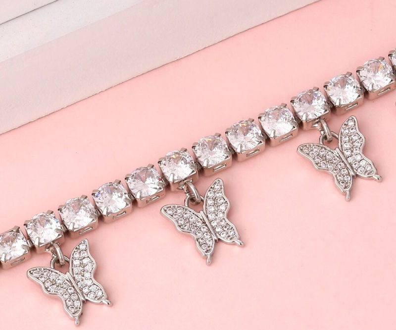 Wholesale Women Stainless Steel Silver Rose Gold Plated Crystal CZ Butterfly Tennis Choker Jewelry Charm Butterfly Necklace