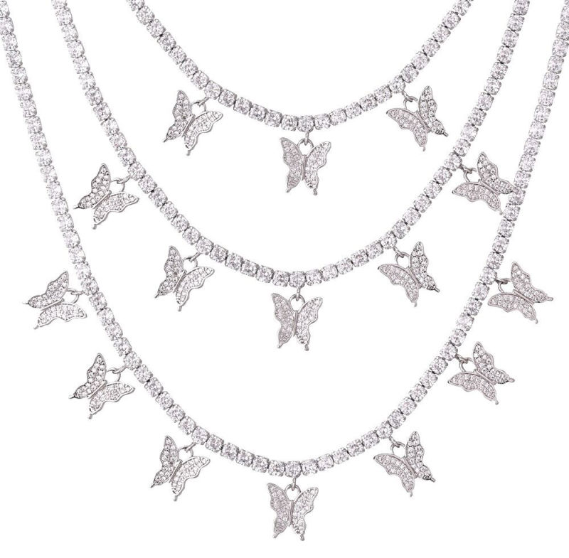 Newest European Diamond Jewelry Bling Iced out Tennis Chain Butterfly Pendant Necklace