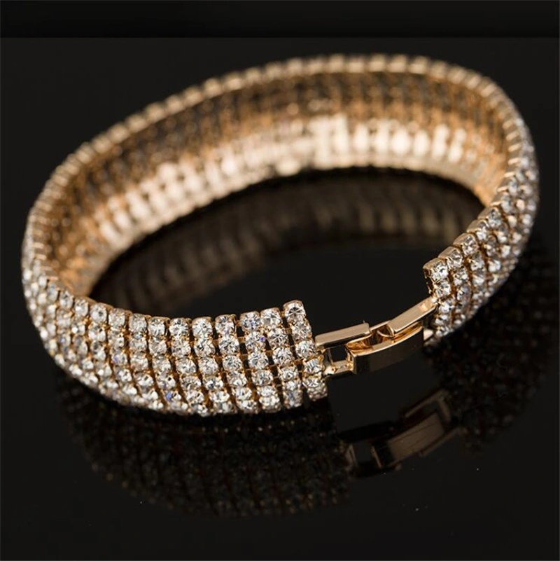 Hot Fashion 7 Rows Crystal Rhinestone Wedding Bridal Chain Bracelet Bling Wristband Jewelry for Women