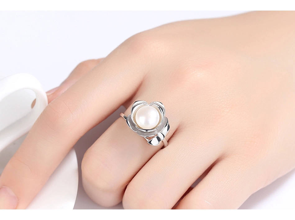 Rose Flower Shape Platinum Gold Plated Silver Freshwater Pearl Rings