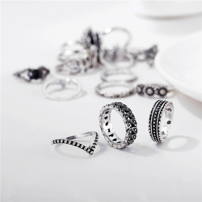 15 PCS/Set Bohemia Retro Leaves Lotus Silver Rings Set Fashion Jewelry