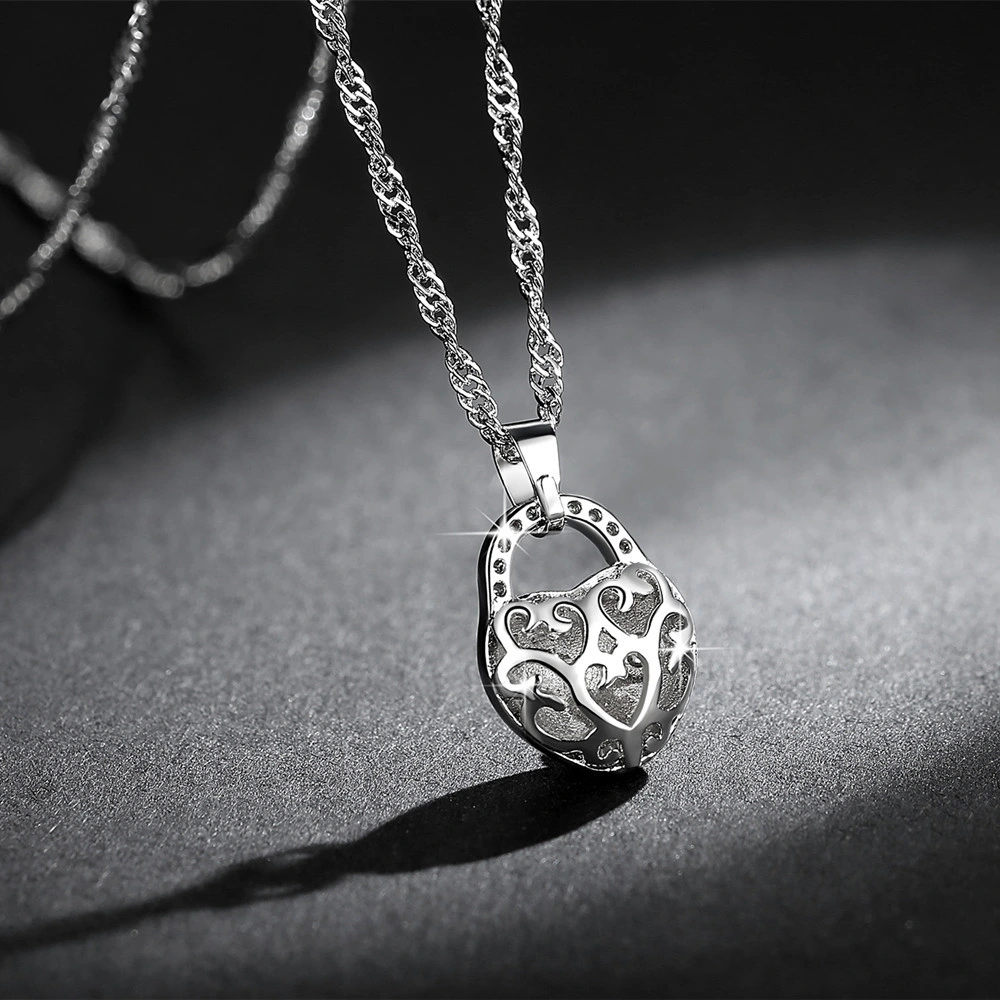 Valentine's Day Gift! Platinum Plated Hollow Heart-Shaped Pendant Necklace Love Heart Necklace Heart-Shaped