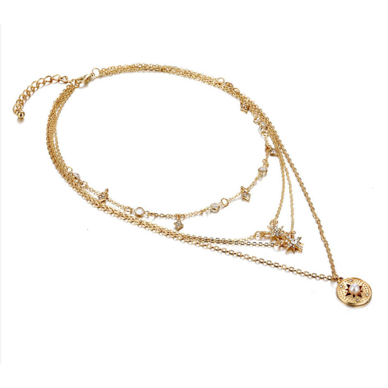 Luxurious Women Pearl Multi Layer Choker Long Necklace with Star Charm