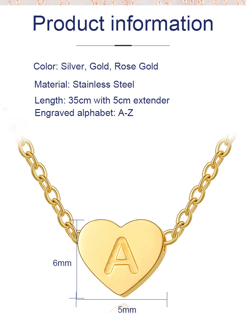 304 Ss Customized Initial Heart Shaped Pendant Women Necklace