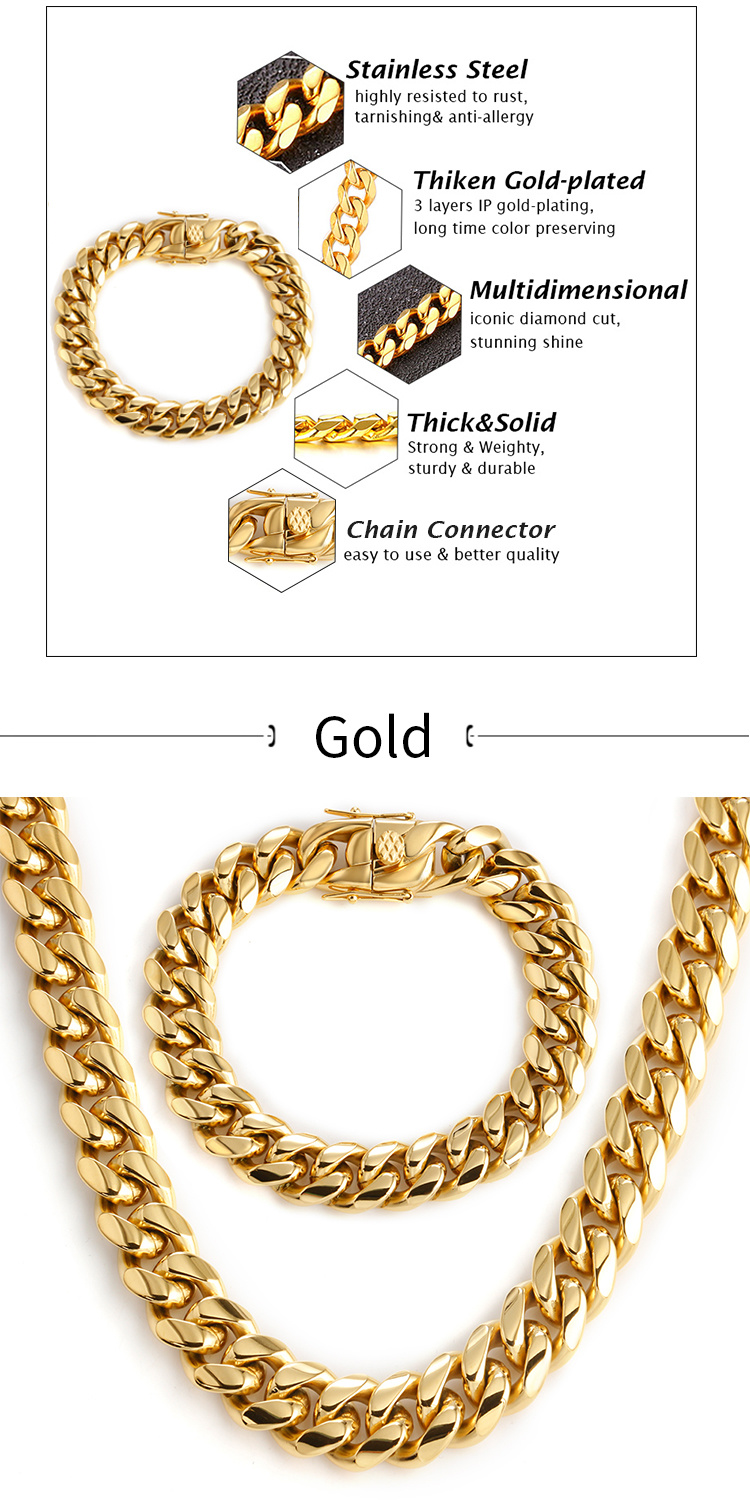 10mm Width fashion Men Stainless Steel Gold Cuban Link Chain Necklaces