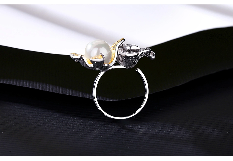 High Quality Flower Gold Plated S925 Silver CZ Freshwater Pearl Ring