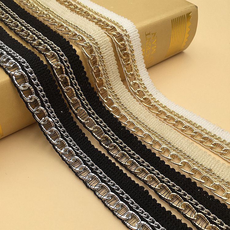 Crochet Woven Trim Ribbon with Gold Metal Chain