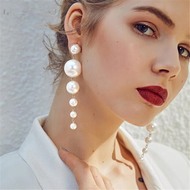 Women Fashion Jewelry White Pearl Long Drop Earrings