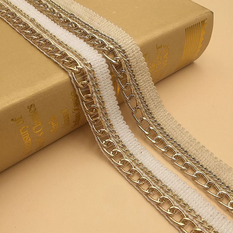 Crochet Woven Trim Ribbon with Gold Metal Chain