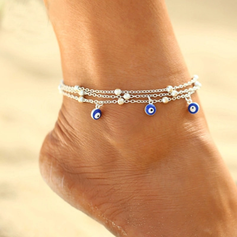 Blue Evil Eye Multi-Layer Chain Evil Eye Charm Bracelet Anklet for Women Girl, Good Luck Amulet Kabbalah Anklet Esg13493