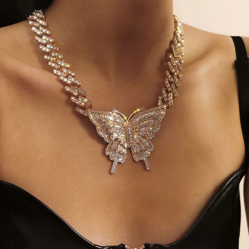 Full Diamond Cuban Buckle Chain Choker Punk Vintage Diamond Butterfly Necklace