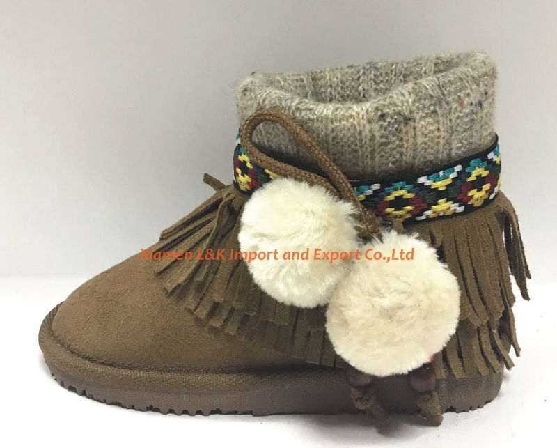 Knitting Collar with Pompom Ankle Snow Boots for Kids Girl