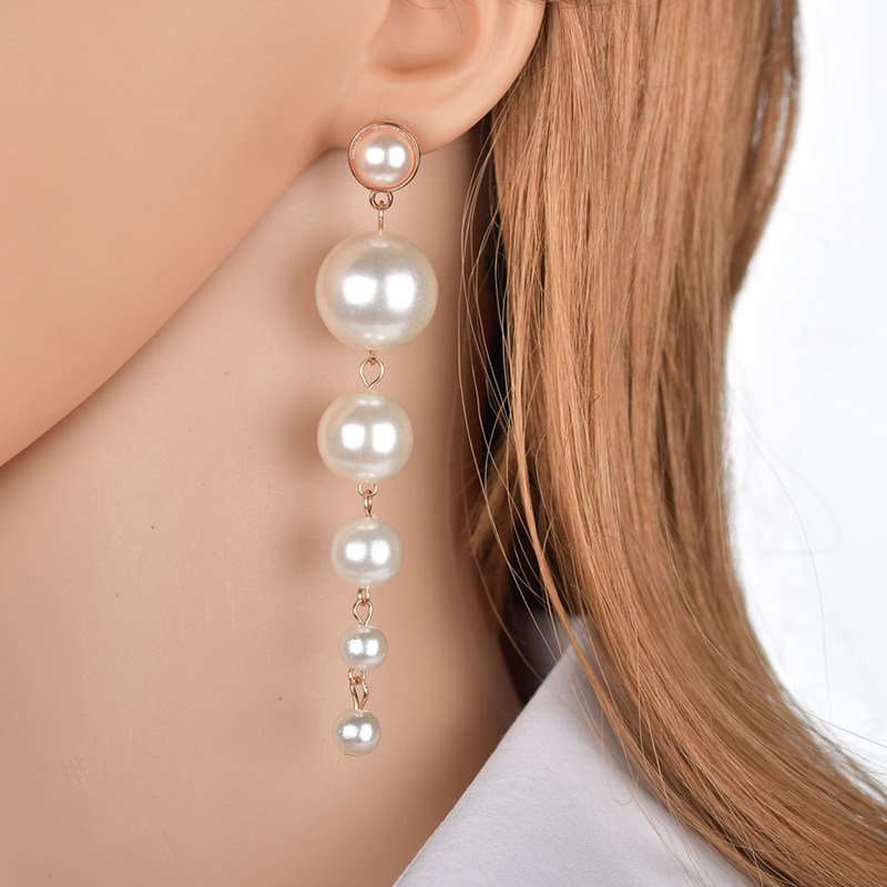 Women Fashion Jewelry White Pearl Long Drop Earrings