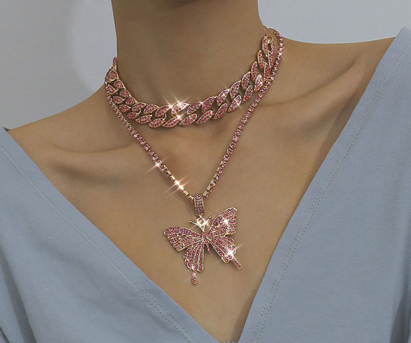 Gold Necklace Butterfly Women, Butterfly Choker Necklace, Diamond Cuban Link Butterfly Necklace