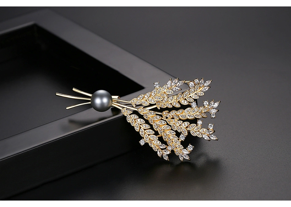 18K Gold Plated Wheat Ears CZ Freshwater Pearl Brass Brooch