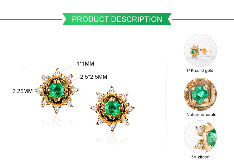 Dainty Solid Gold Studs Earrings Jewelry 14K 18K Gold Sun Shape Emerald Earrings