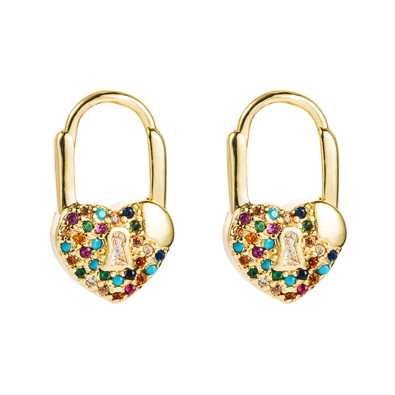 European and American High - Quality Heart - Shaped Lock Earrings with Brass Plated Genuine Gold and Miniature Zircon Color Retaining Earrings
