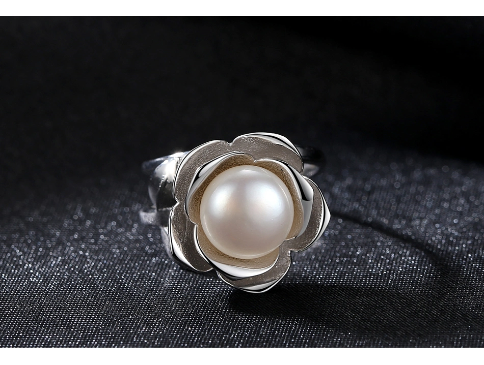 Rose Flower Shape Platinum Gold Plated Silver Freshwater Pearl Rings