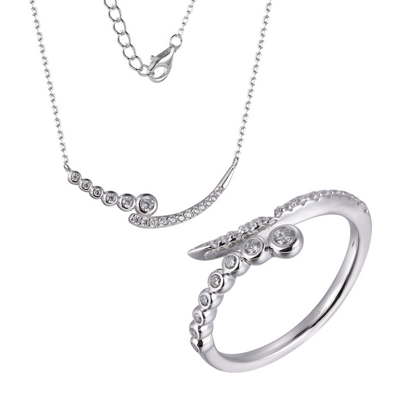 Popular Arc Necklace Ring Silver Jewelry Set for Girls