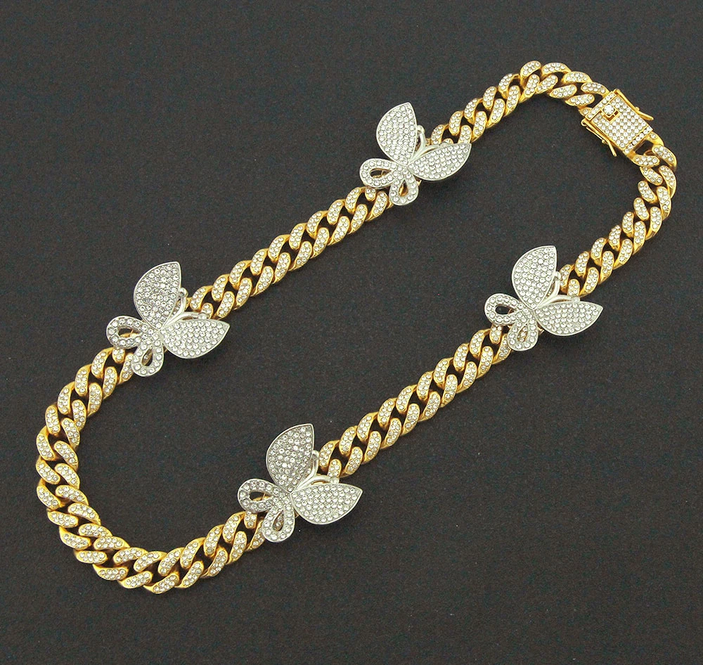 Hip Hop Luxury Women Iced out Jewelry Diamond Cuban Link Butterfly Necklace